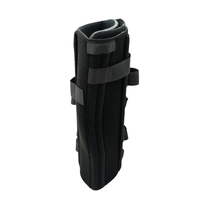 Black bariatric knee immobilizer with adjustable straps and rigid side supports.
