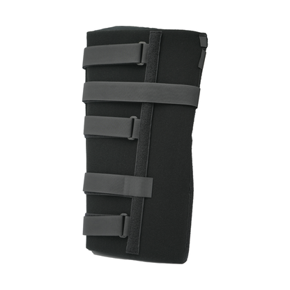 Black Bariatric Knee Immobilizer with four adjustable gray straps and hook-and-loop fasteners.