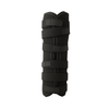 Black knee immobilizer splint with adjustable Velcro straps and breathable fabric panel with open patella design.