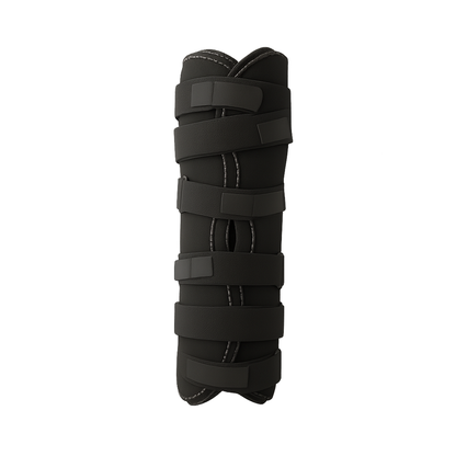 Black knee immobilizer splint with adjustable Velcro straps and breathable fabric panel with open patella design.