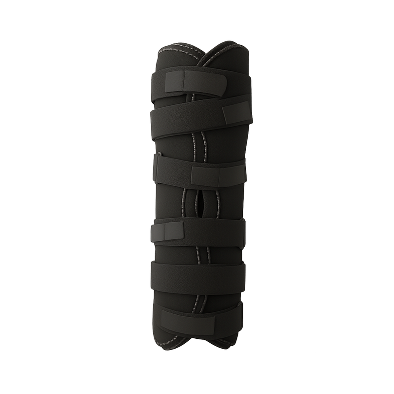 Black knee immobilizer splint with adjustable Velcro straps and breathable fabric panel with open patella design.