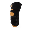 Black breathable knee immobilizer with adjustable straps and rigid support splint.