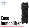 Black knee immobilizer with multiple adjustable straps and breathable fabric design.