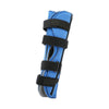 Blue pediatric knee immobilizer with three black adjustable Velcro straps and soft padded interior.