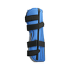 Blue pediatric knee immobilizer with black adjustable Velcro straps and padded edges.