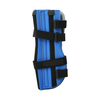 Blue pediatric knee immobilizer with black adjustable straps and padded support panel.