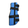 Blue pediatric knee immobilizer with three black adjustable straps and soft padding.