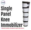 White single panel knee immobilizer with four black adjustable straps and hook-and-loop closures, branded with RCAI logo,.