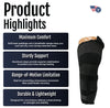 RCAI single panel black knee immobilizer with soft foam padding, adjustable straps, and aluminum stays, made in the USA.