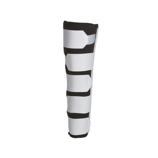White knee immobilizer with four black adjustable straps and breathable fabric panel.
