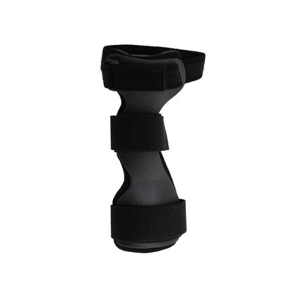 Black rigid wrist drop orthosis with three adjustable Velcro straps and a padded universal cuff.
