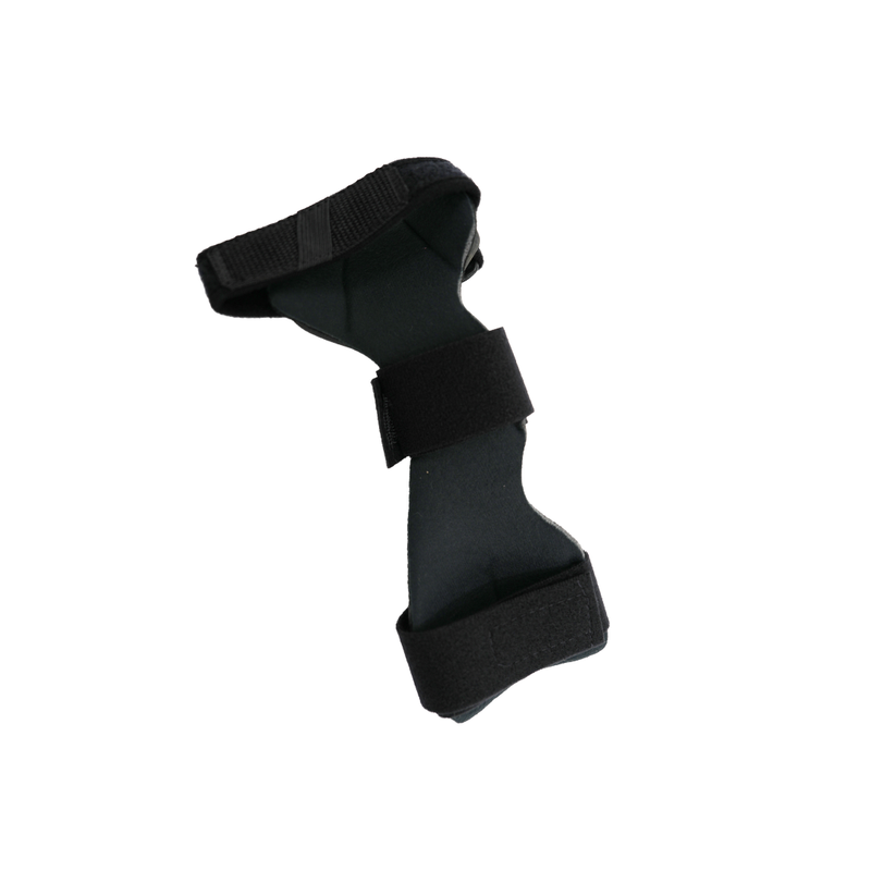 Black wrist drop orthosis with adjustable universal cuff straps for forearm and wrist support.