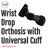 Black wrist drop orthosis with adjustable universal cuff and strap for support and daily function.