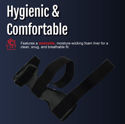 Black RCAI Wrist Drop Orthosis with adjustable universal cuff and soft moisture-wicking foam liner.