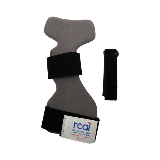 Gray contoured wrist splint with two black adjustable straps and RCAI logo patch.