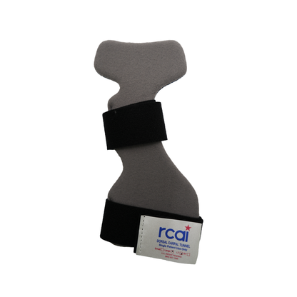 Gray contoured dorsal wrist splint with black adjustable straps and rcal logo label.