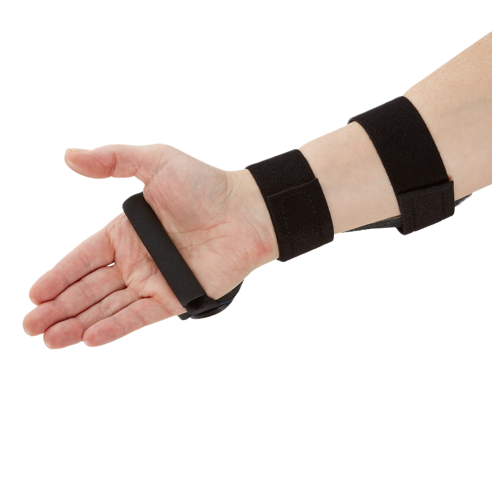 Black RCAI dorsal carpal tunnel splint with adjustable straps on wrist and palm.