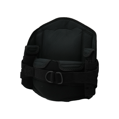 Black lumbar support brace with adjustable side straps and padded front panel.