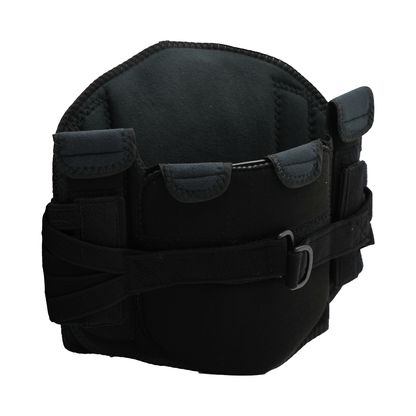 Black lumbar support belt with adjustable straps and padded back panel.