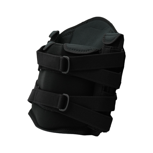Black lumbar support brace with adjustable wide straps and buckle closures.