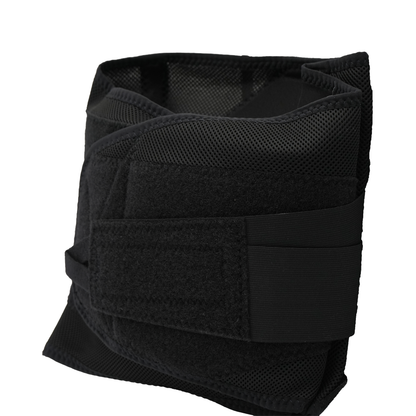 Black lumbar support with adjustable straps and breathable mesh panels.