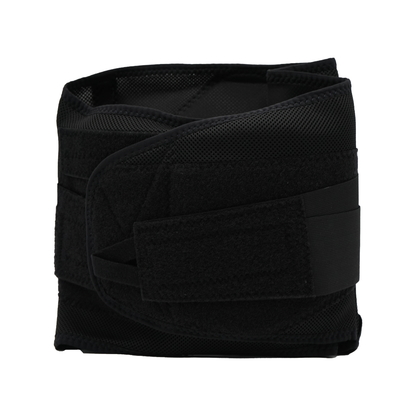 Black adjustable lumbar support belt with wide Velcro strap and breathable fabric texture.
