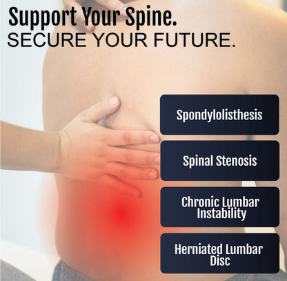 Woman holding lower back with red pain highlight and text highlighting spinal conditions.