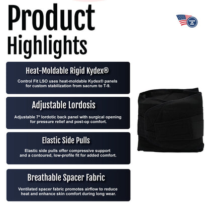 Control Fit LSO infographic highlighting heat-moldable Kydex panels, adjustable lordosis, elastic side pulls, and breathable .