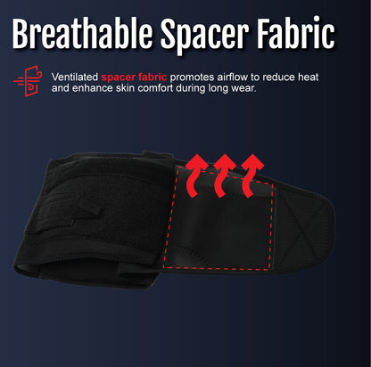 Black lumbar support belt with breathable spacer fabric and adjustable straps.