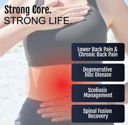 Black lumbar sacral orthosis worn on lower back, highlighting lumbar support area in red glow.