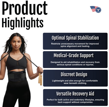 Black lumbar sacral orthosis belt worn on waist with mesh and adjustable straps for back support.