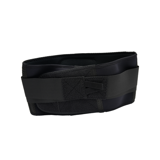 Black lumbar sacral orthosis belt with adjustable hook-and-loop straps and padded support panel.