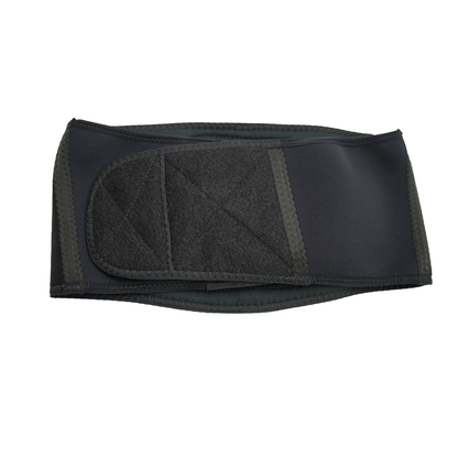 Black lumbar sacral orthosis belt with adjustable wide hook-and-loop closure and padded support panel.