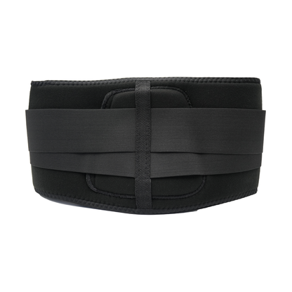 Black lumbar sacral orthosis with wide elastic straps and front fastening for back support.