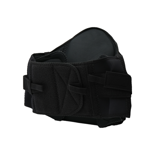 Black lumbar sacral support belt with adjustable side panels and Velcro closures for lower back stabilization.