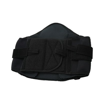 Black lumbar sacral support belt with side panels and adjustable Velcro straps for lower back compression.