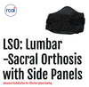 Black lumbar sacral orthosis with adjustable side panels and strong Velcro straps, made in the USA by RCAI.