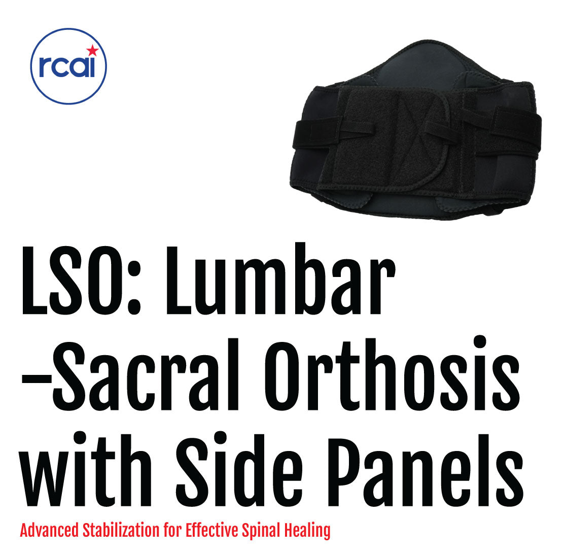 Black lumbar sacral support brace with adjustable velcro straps and side compression panels.