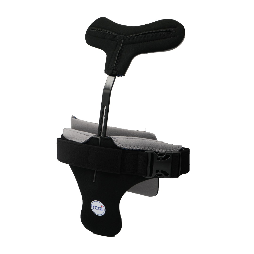 Black and gray hyperextension orthosis with adjustable padded support and secure strap buckle.