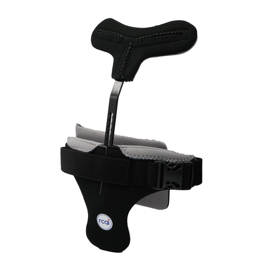 Black and gray hyperextension orthosis with padded support and adjustable straps.