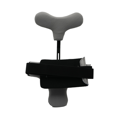 Black hyperextension orthosis with padded grey support and adjustable straps.