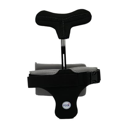 Black hyperextension orthosis with adjustable straps and padded supports against a white background.