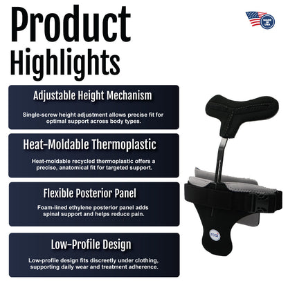 Black hyperextension orthosis with adjustable height, heat-moldable thermoplastic, and low-profile design.