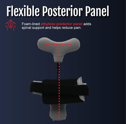 Black foam-lined hyperextension orthosis with flexible ethylene posterior panel highlighted by red dashed lines on a dark.