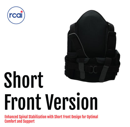 Black short front version TLSO back brace with adjustable straps and padded support panel.