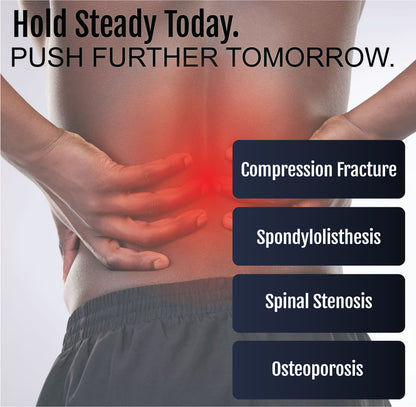 Person wearing dark gray back brace with red glow highlighting lower back pain areas.