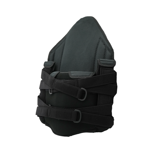 Black TLSO back brace with adjustable straps and cushioned padding for spinal support.