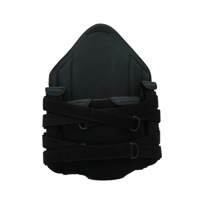Black padded TLSO brace with adjustable straps and hook-and-loop closures.