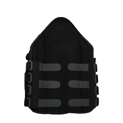 Black rigid TLSO back brace with adjustable gray straps and side closures.