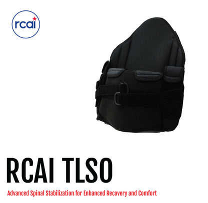 Black rigid TLSO spinal brace with adjustable straps and padded interior for comfort.